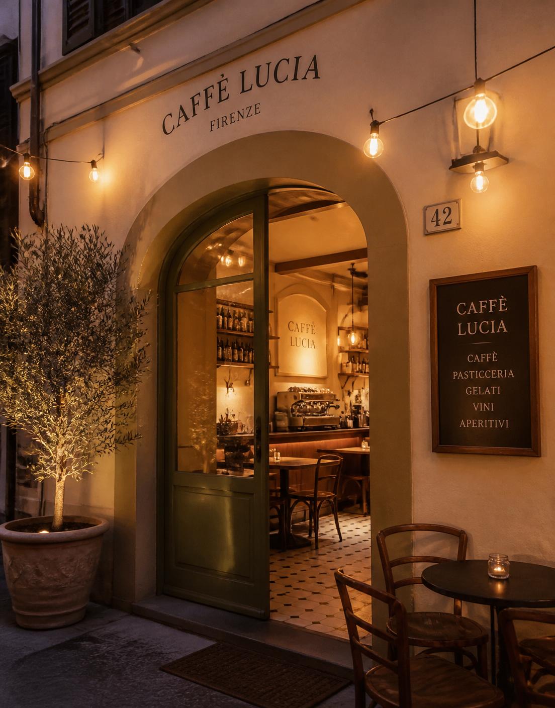 The warm, lamp-lit entrance of the PepeOlio café