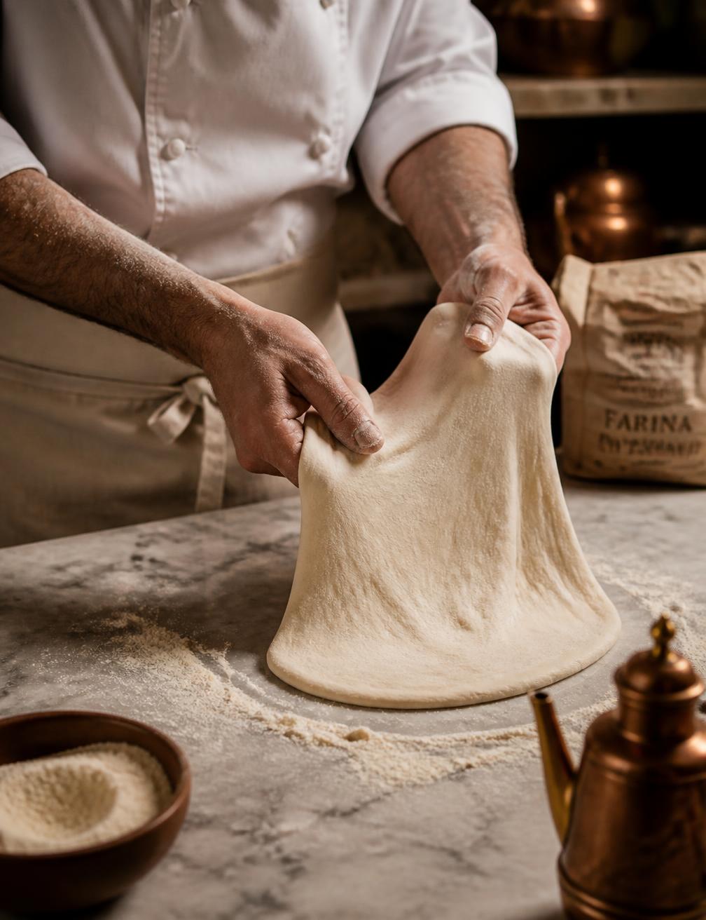 Chef stretching pizza dough on a marble counter