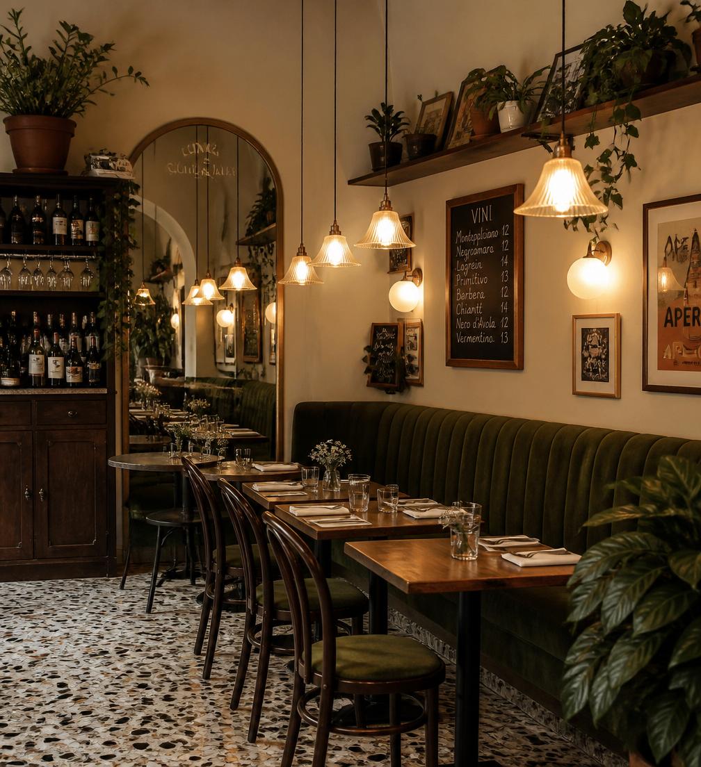 Cozy café interior with olive green banquette
