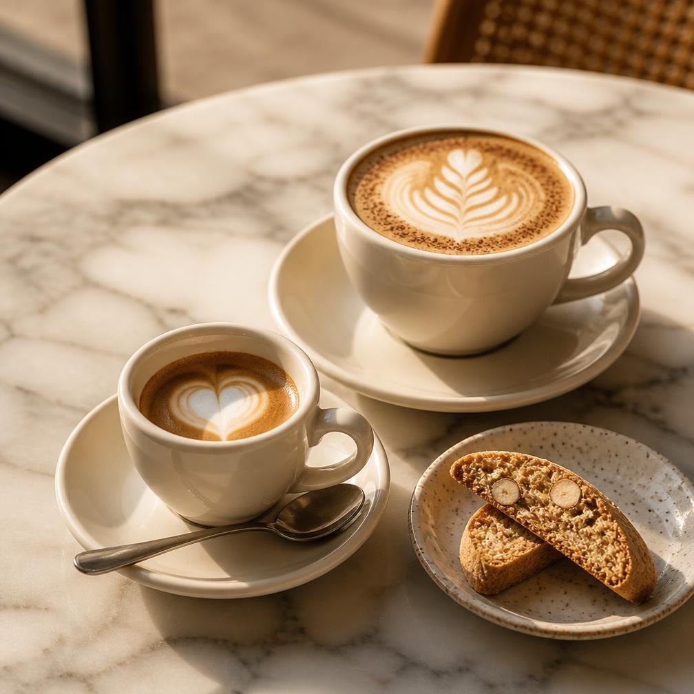 Espresso and cappuccino on a marble table